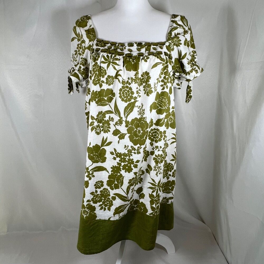 Alexandra Bartlett Linen Floral Tunic Dress Size XL Beaded Square Neck